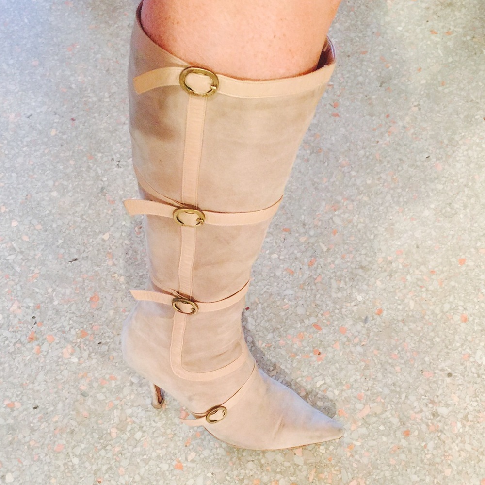 Jimmy Choo tan suede leather buckle boot